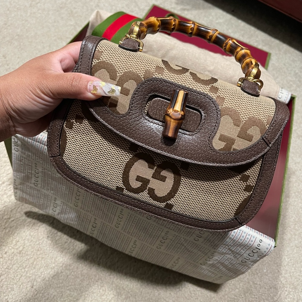 Authentic Gucci Bamboo 1947 jumbo GG small top handle bag